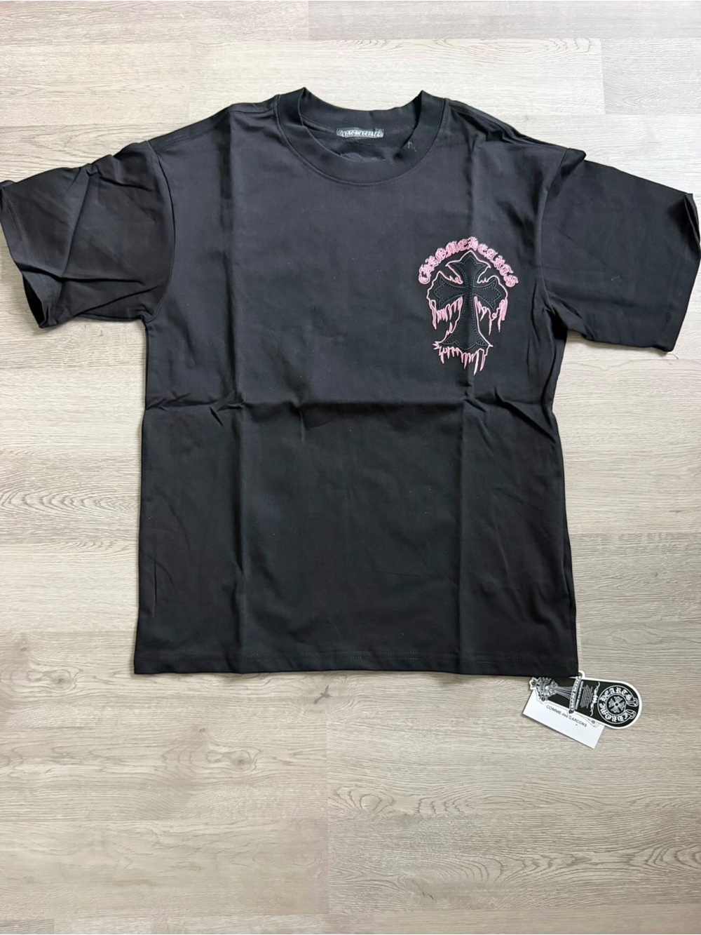 Chrome Hearts Black Short Sleeve Tee with Pink Dripping Cross
